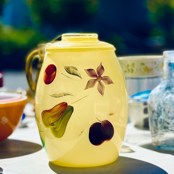 BARTLETT COLLINS Cookie Jar Yellow Glass with Fruits & Flowers Made in USA 1960s - Picture 3 of 7